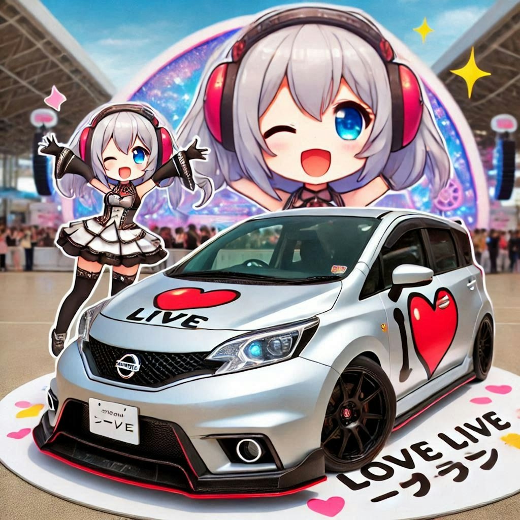 ラブライブキャラとシルバーメタリック日産ノートNISMOのドリ車