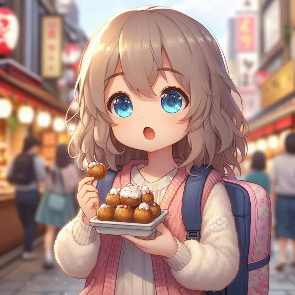 大阪でたこ焼き片手に観光してる小さな女の子