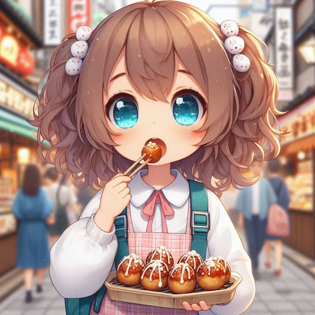 大阪でたこ焼き片手に観光してる小さな女の子