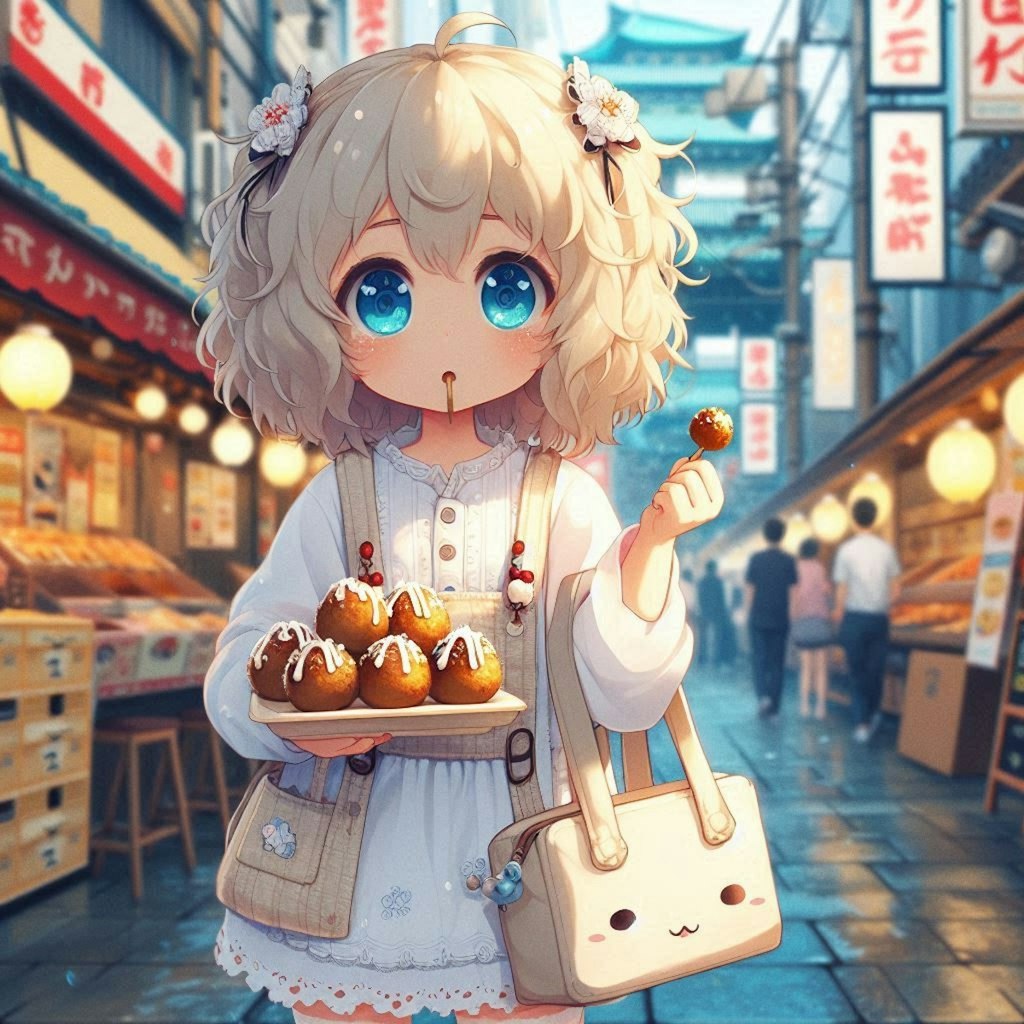 大阪でたこ焼き片手に観光してる小さな女の子