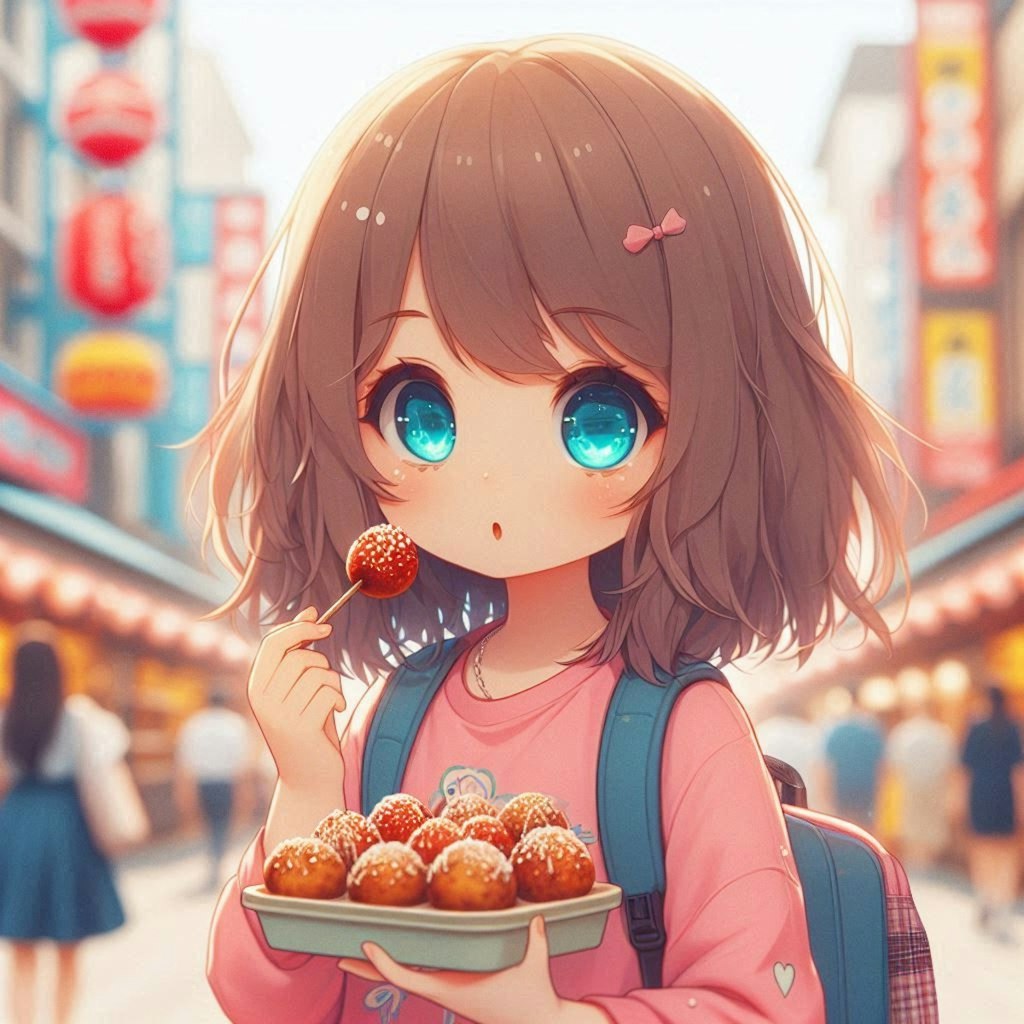 大阪でたこ焼き片手に観光してる小さな女の子