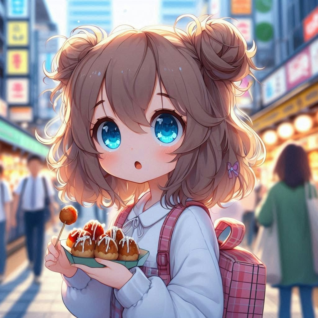 大阪でたこ焼き片手に観光してる小さな女の子