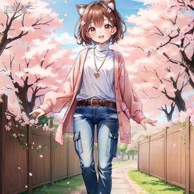 春のカジュアル衣装で桜の道を歩く猫娘