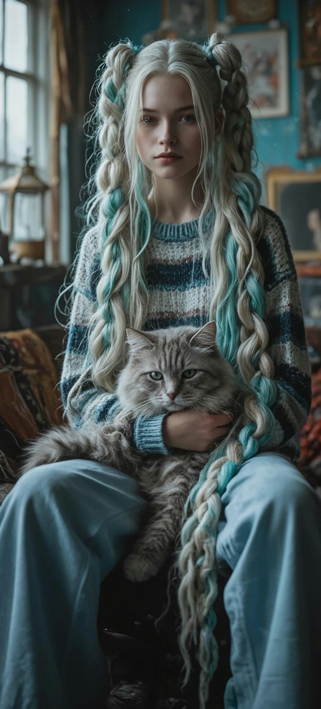 ホワイトブルーヘアの子と大きな猫