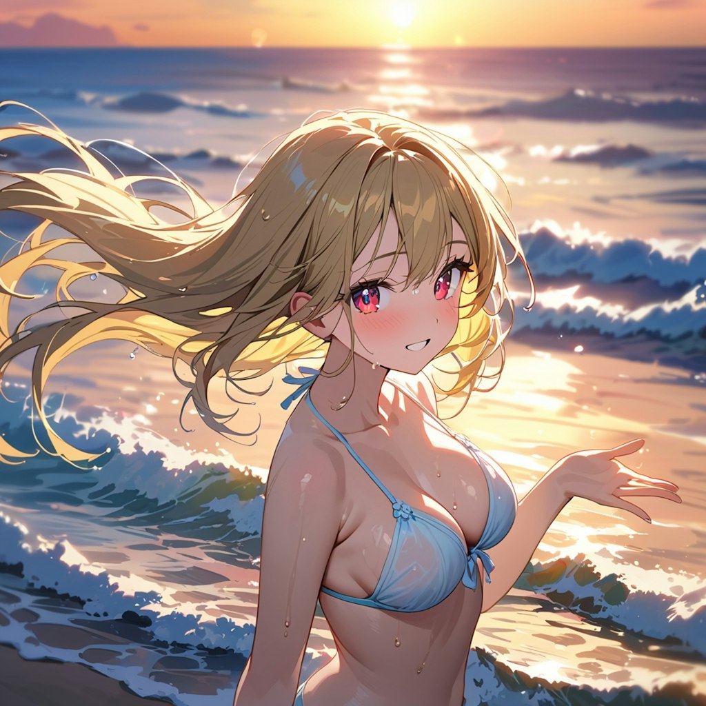 夕日と海と美少女