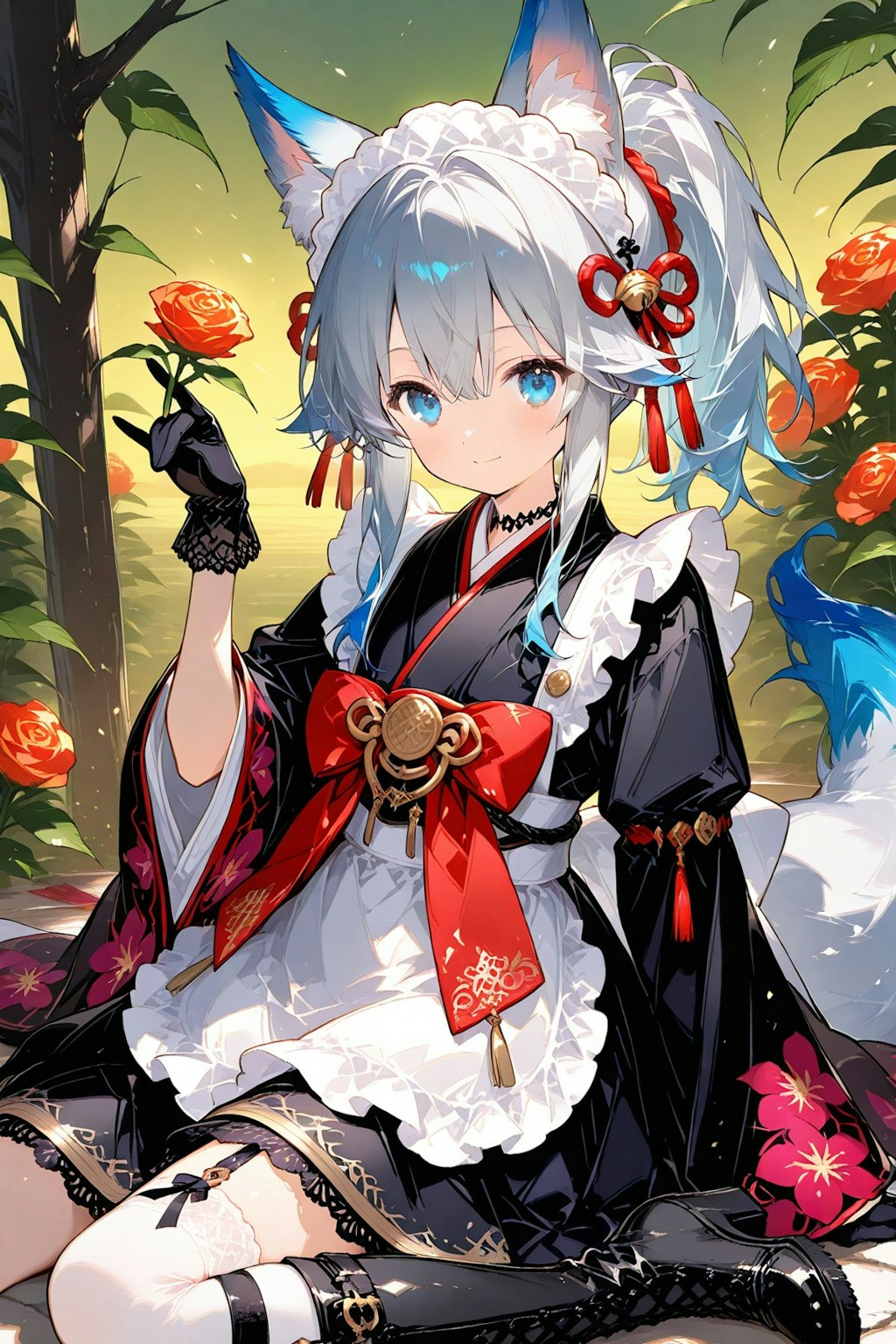 オリジナルキャラ-【着物風メイド服の狐耳娘】ー プロンプト一部流用参照 ー