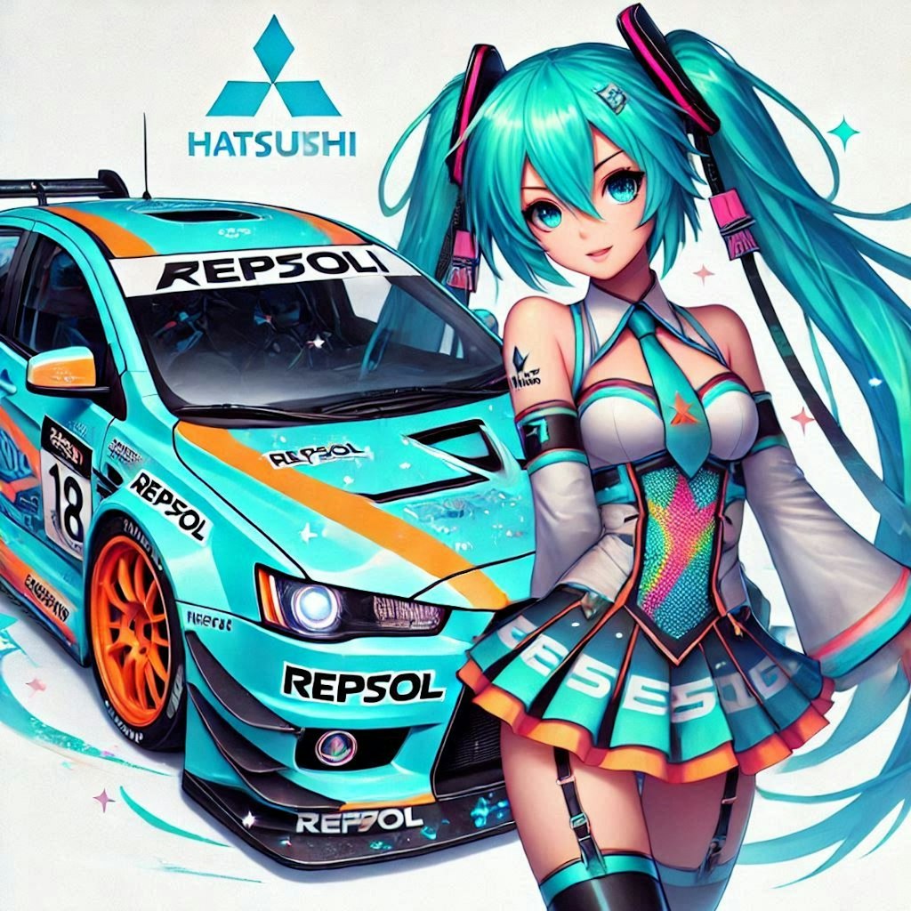 初音ミクキャラとレプソルカラー三菱ランサーエボリューションのドリ車