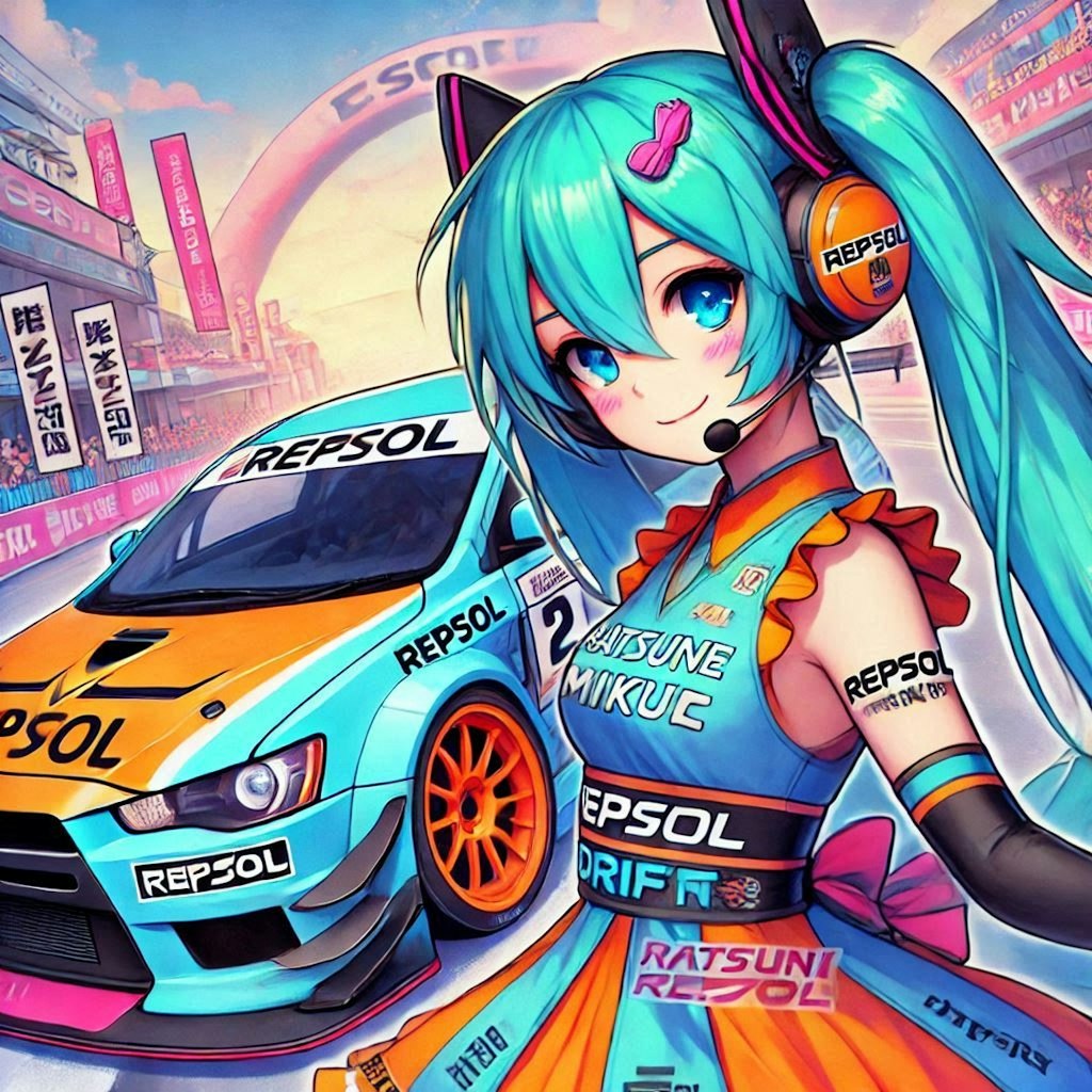 初音ミクキャラとレプソルカラー三菱ランサーエボリューションのドリ車