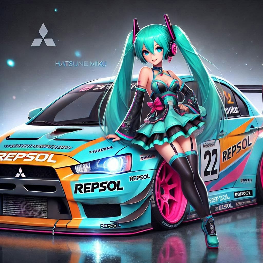 初音ミクキャラとレプソルカラー三菱ランサーエボリューションのドリ車