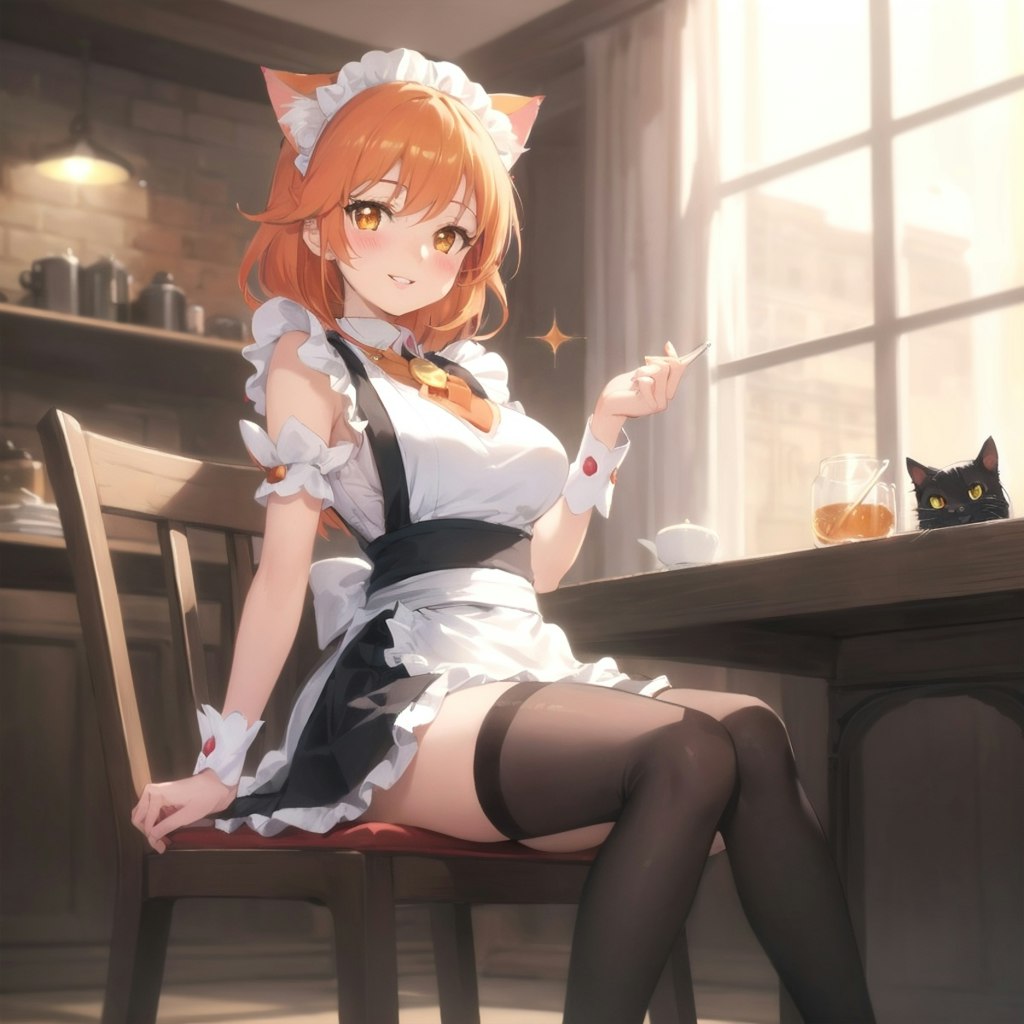 猫カフェメイドと、くつろぐ黒猫