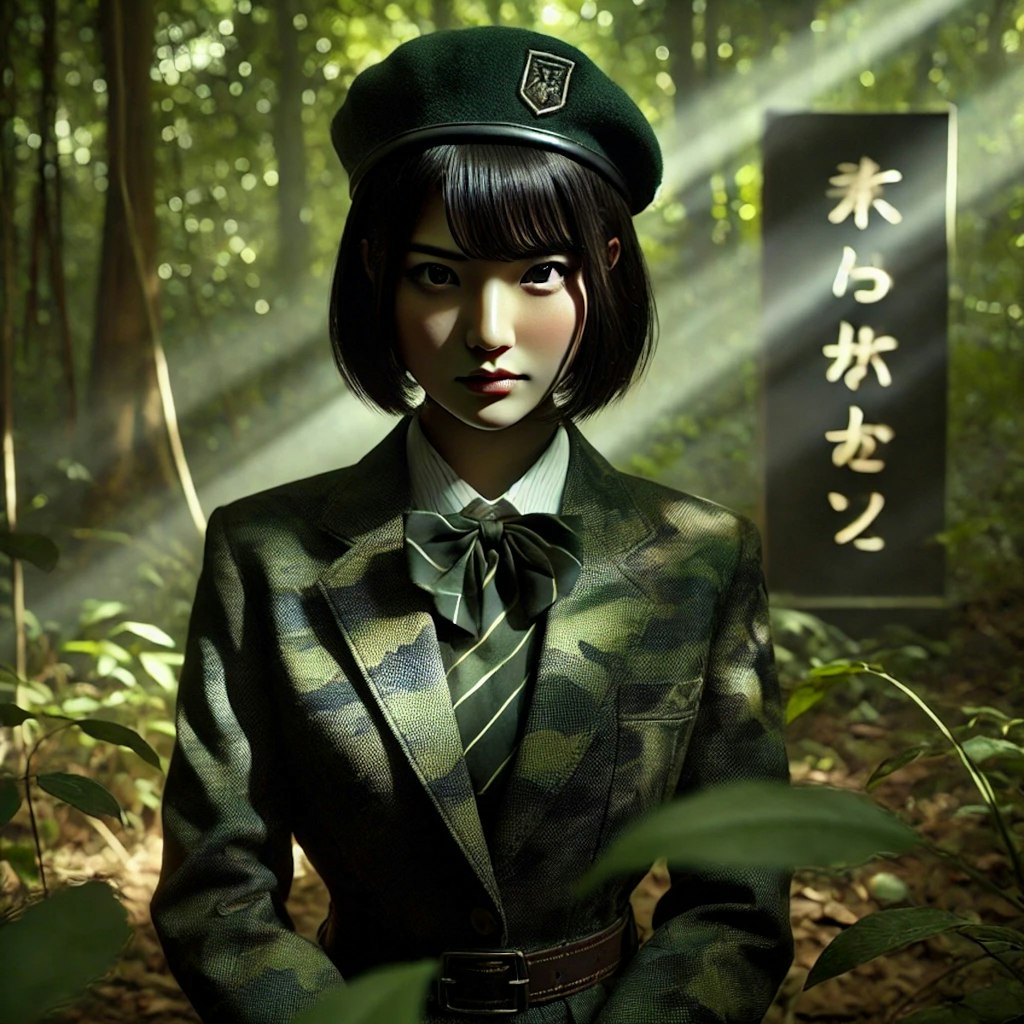 緑色のベレー帽をかぶった武装JK