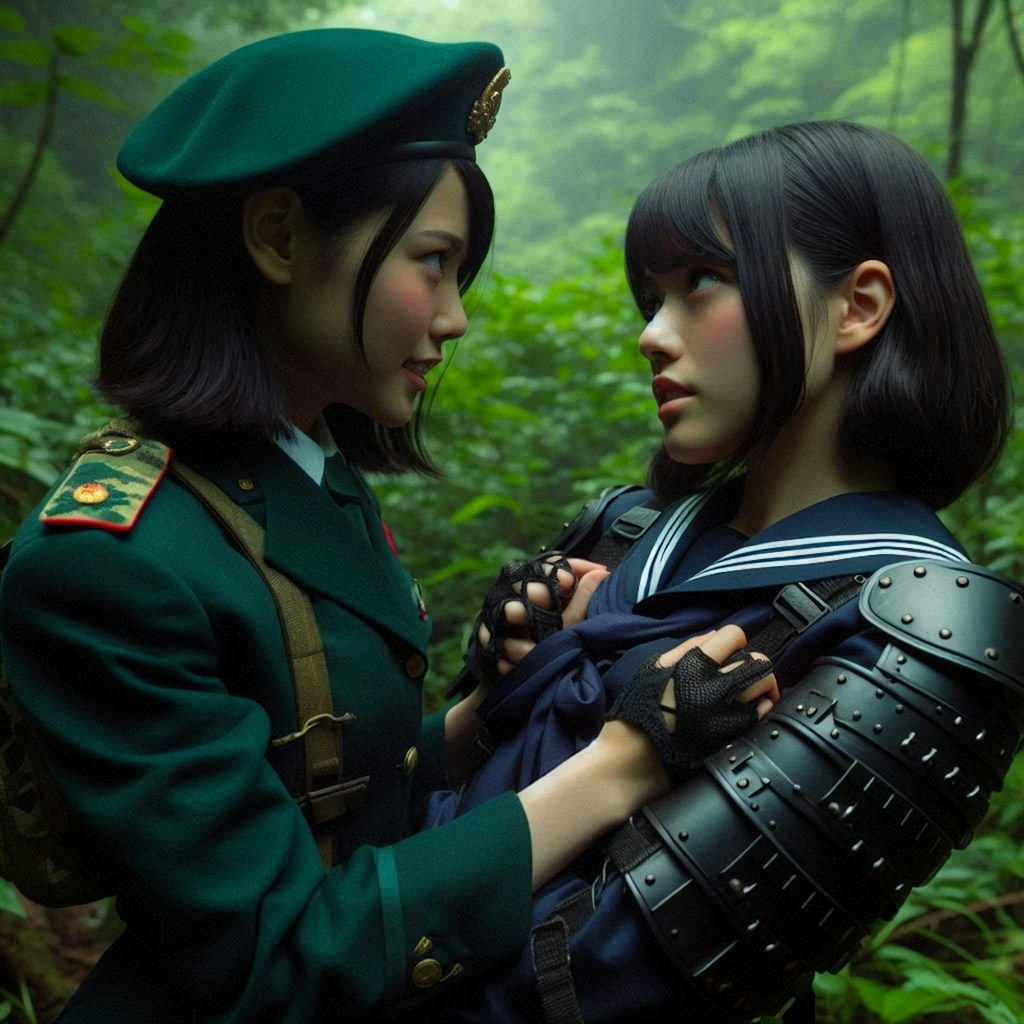 緑色のベレー帽をかぶった武装JK