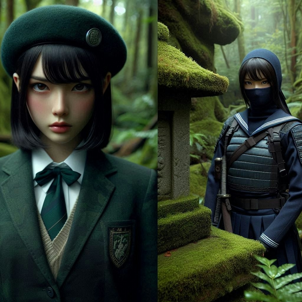 緑色のベレー帽をかぶった武装JK