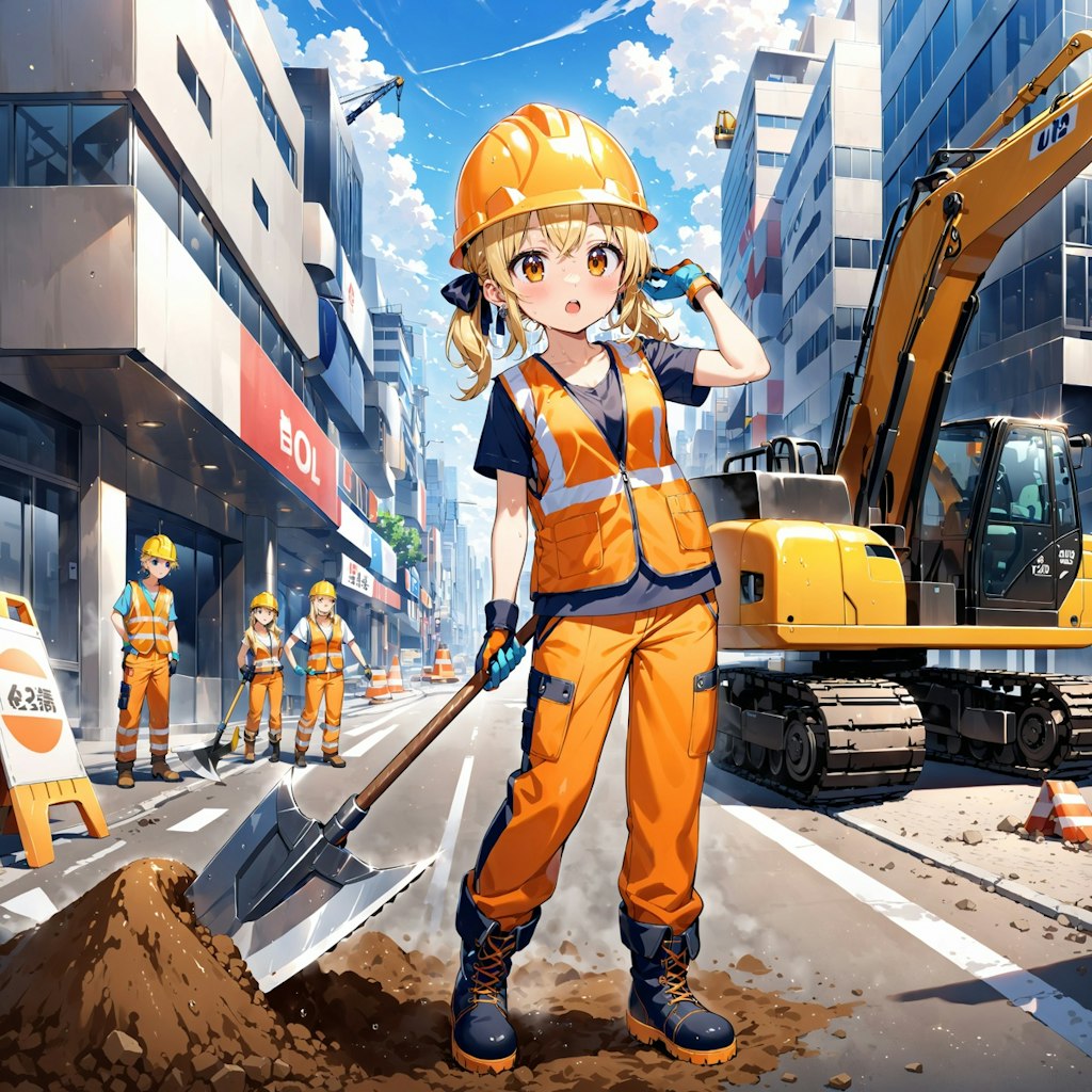 道路工事の少女