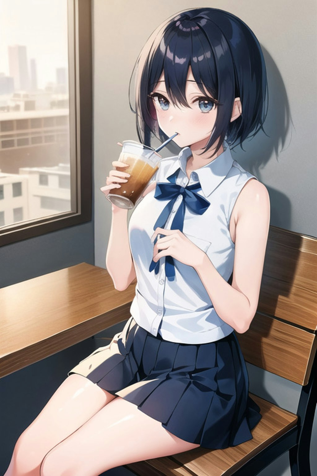 カフェでくつろぐショートカットの女の子