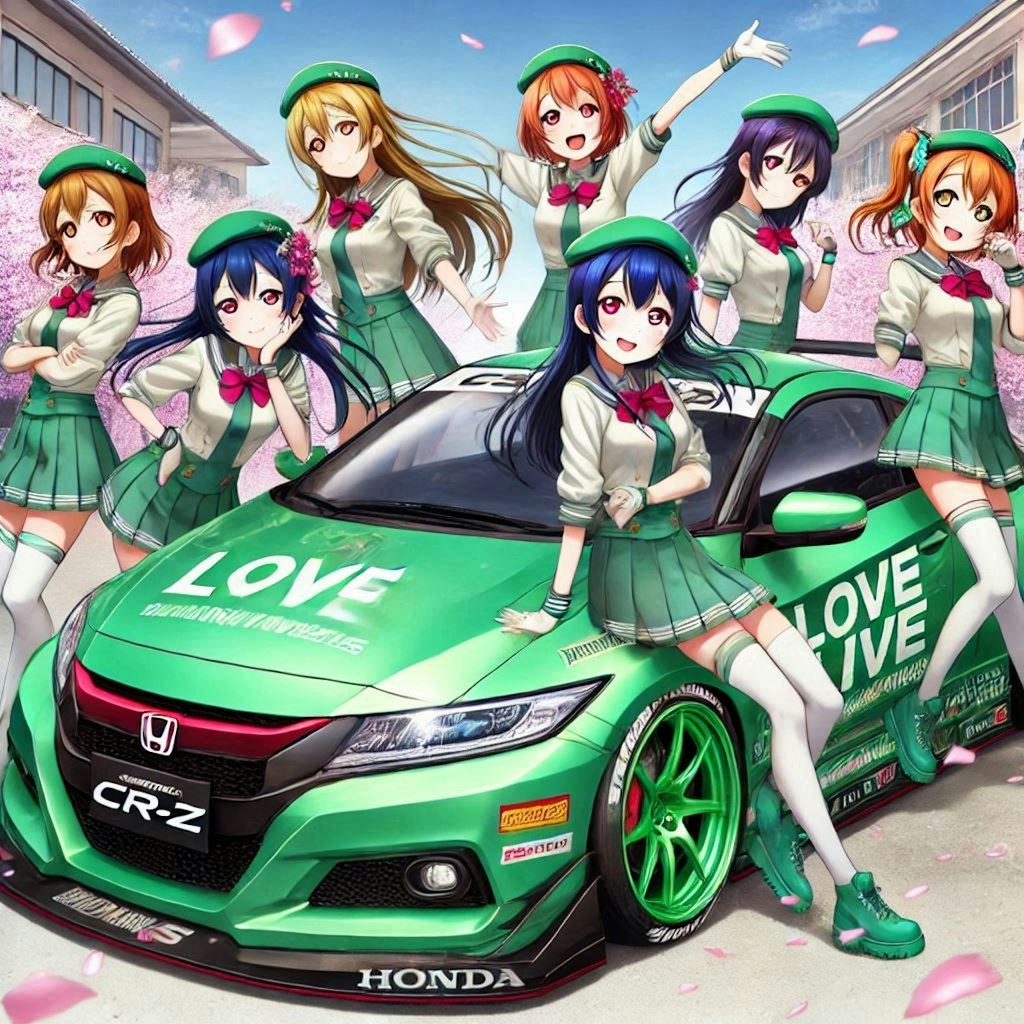 ラブライブキャラとグリーンカラーのホンダCR-Zのドリ車