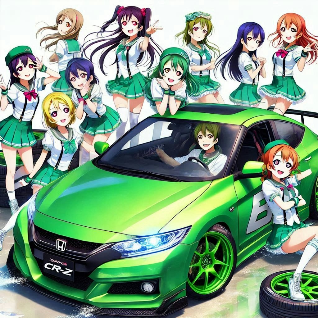 ラブライブキャラとグリーンカラーのホンダCR-Zのドリ車