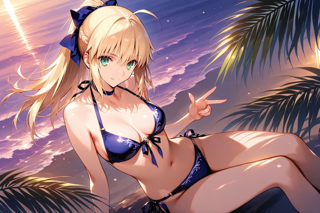 夕日を背景に佇む、ビキニ水着のセイバー　Ver. 02