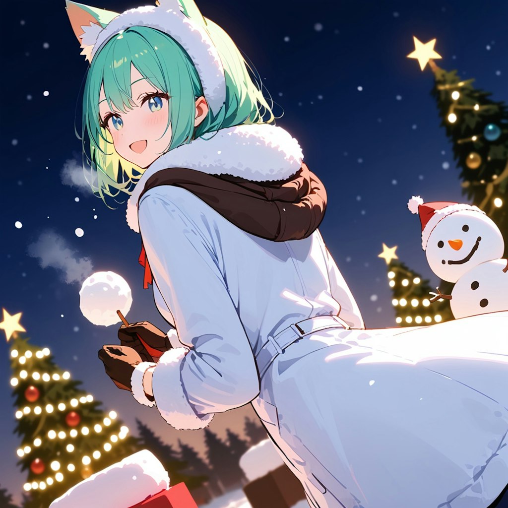 雪だるまとクリスマスとケモミミさんと