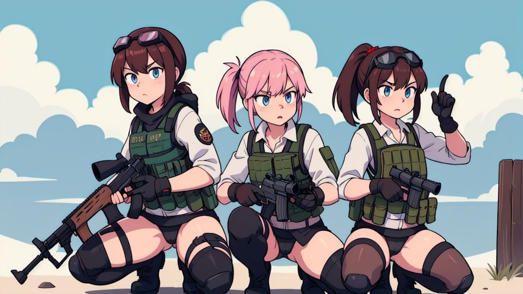 座り込む女兵士3人組
