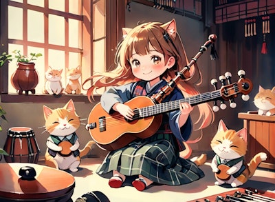 猫と演奏する女の子