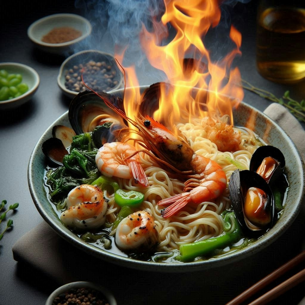 燃えるseafood noodle