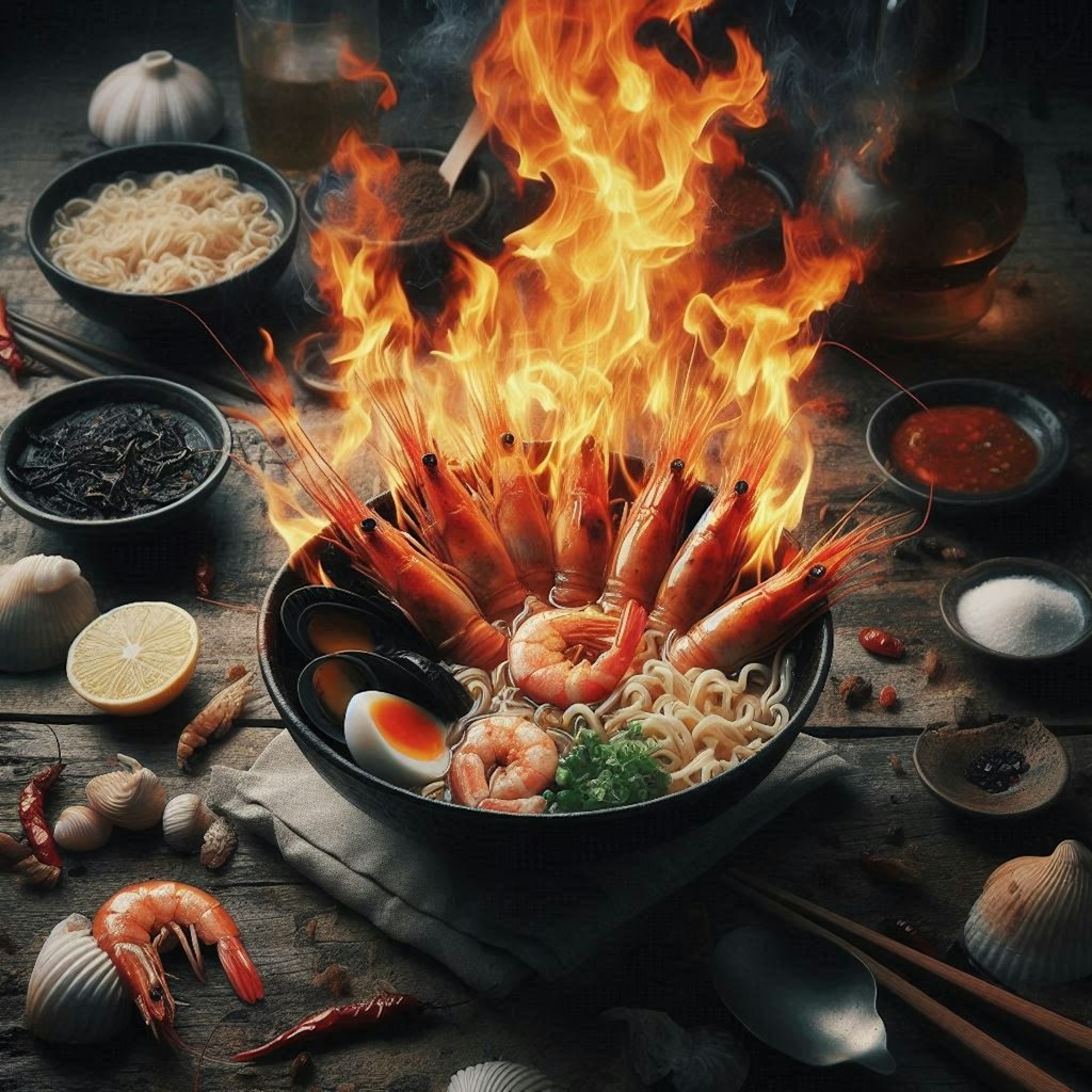 燃えるseafood noodle