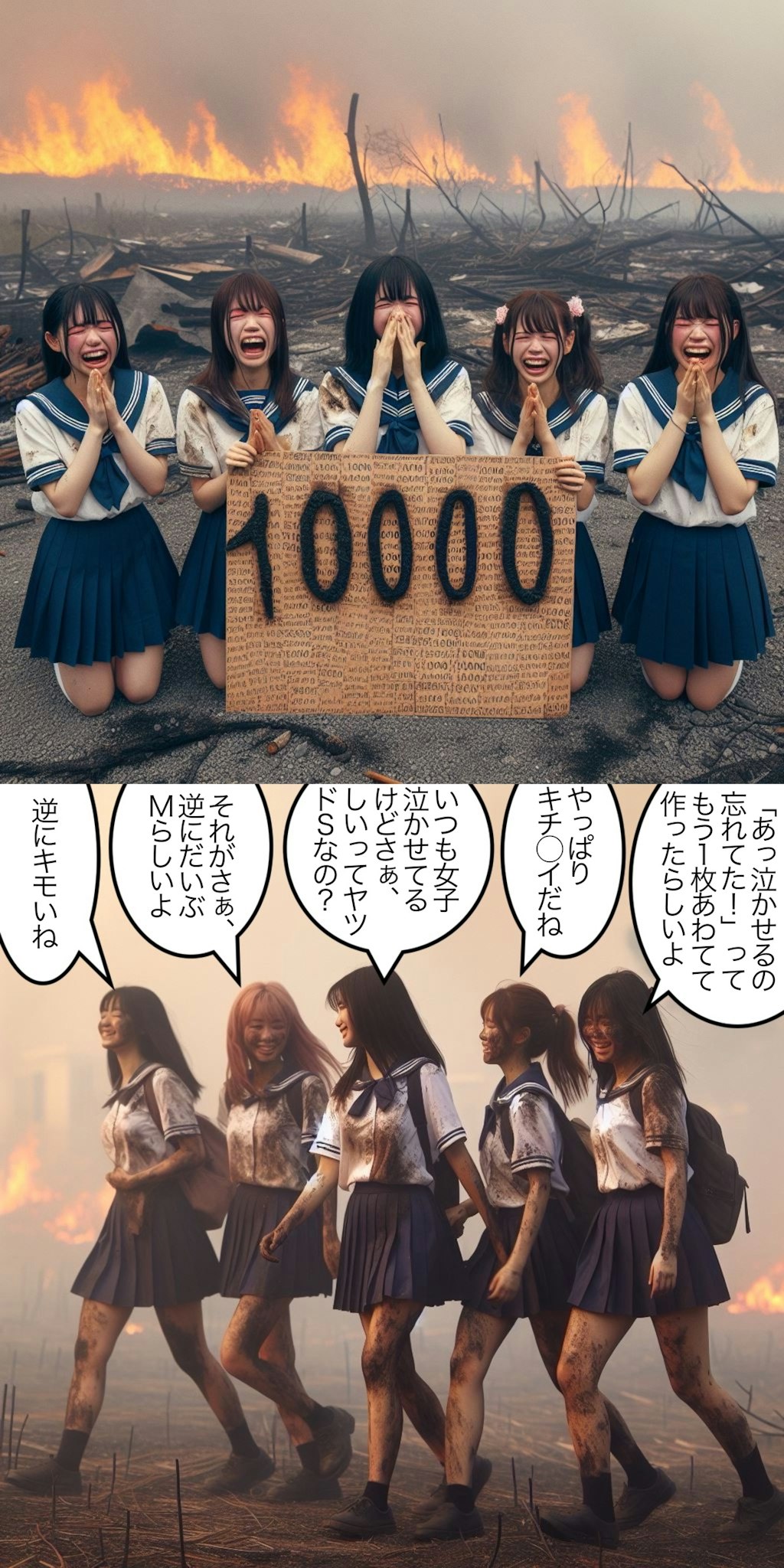 【謎画像・10000いいね記念】焼け野原でしいの10000いいねを祝う女子高生たち