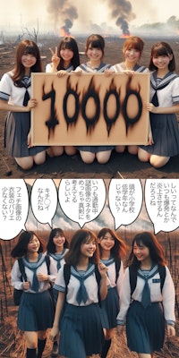【謎画像・10000いいね記念】焼け野原でしいの10000いいねを祝う女子高生たち