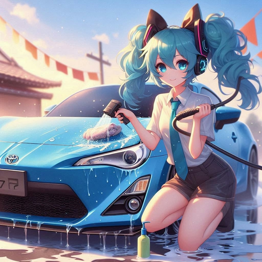 初音ミクがトヨタ86を洗車中