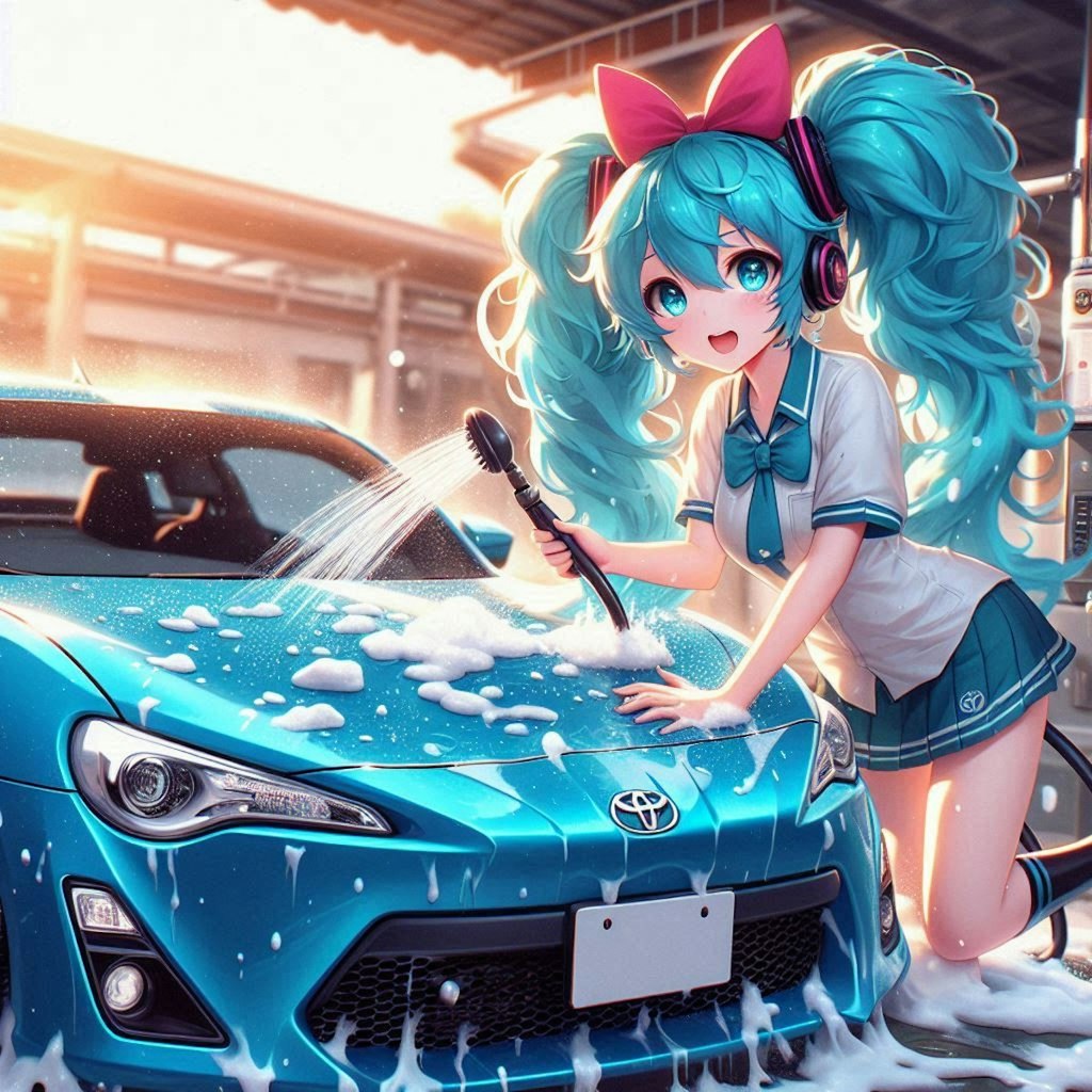 初音ミクがトヨタ86を洗車中