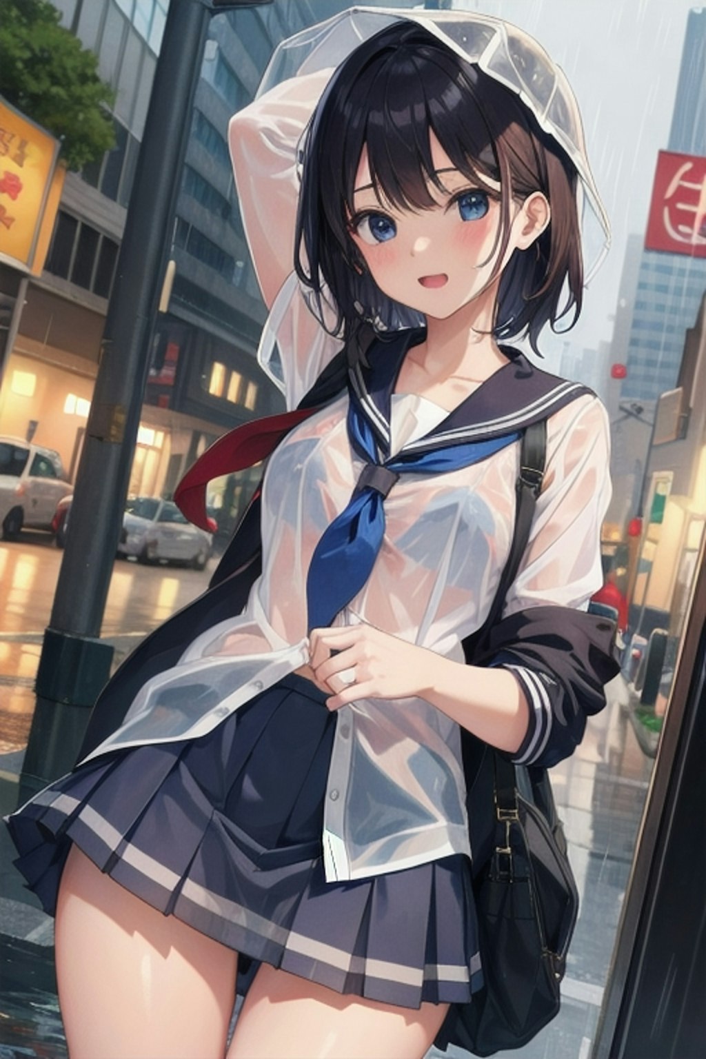 突然の雨にびしょ濡れになる少女