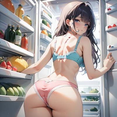 冷蔵庫を覗く女性　EMERALD