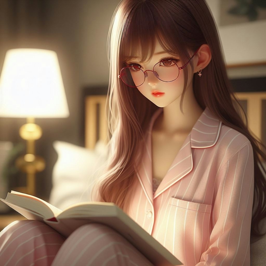 寝室で読書をするメガネをかけた少女(リアル)