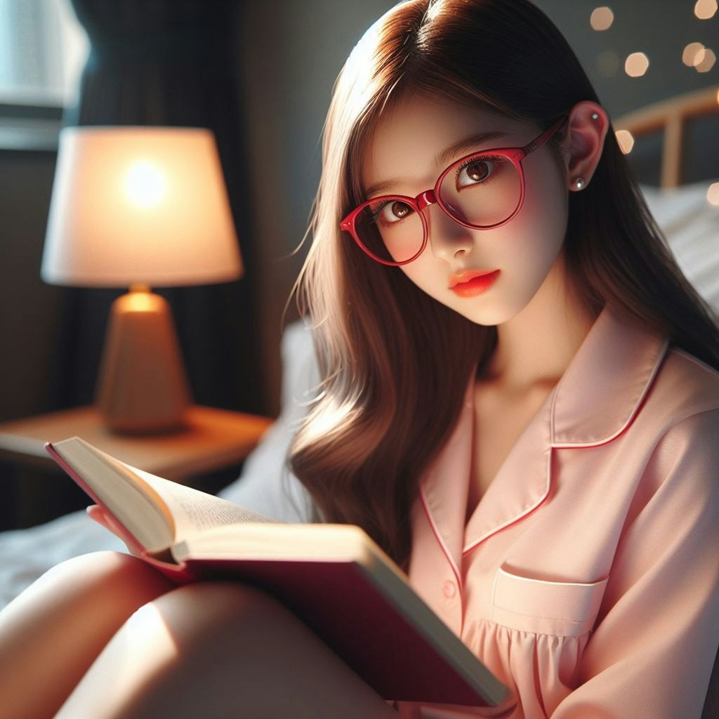 寝室で読書をするメガネをかけた少女(リアル)