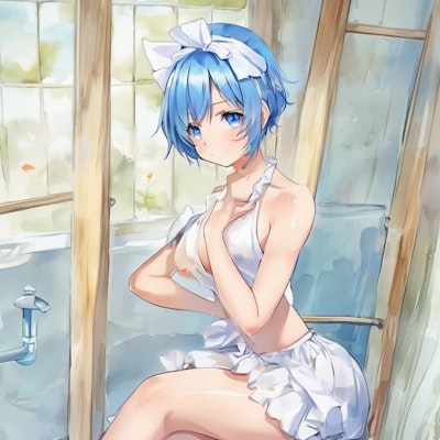 水彩風LoRAで青い髪の女の子にシャワー浴びてもらったつもりがうまくいかなかったです