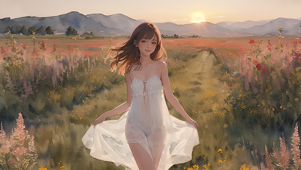 夕日の野花と少女