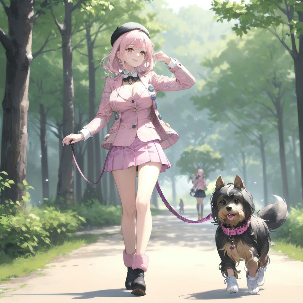 犬を散歩させて歩くベレー帽の女の子