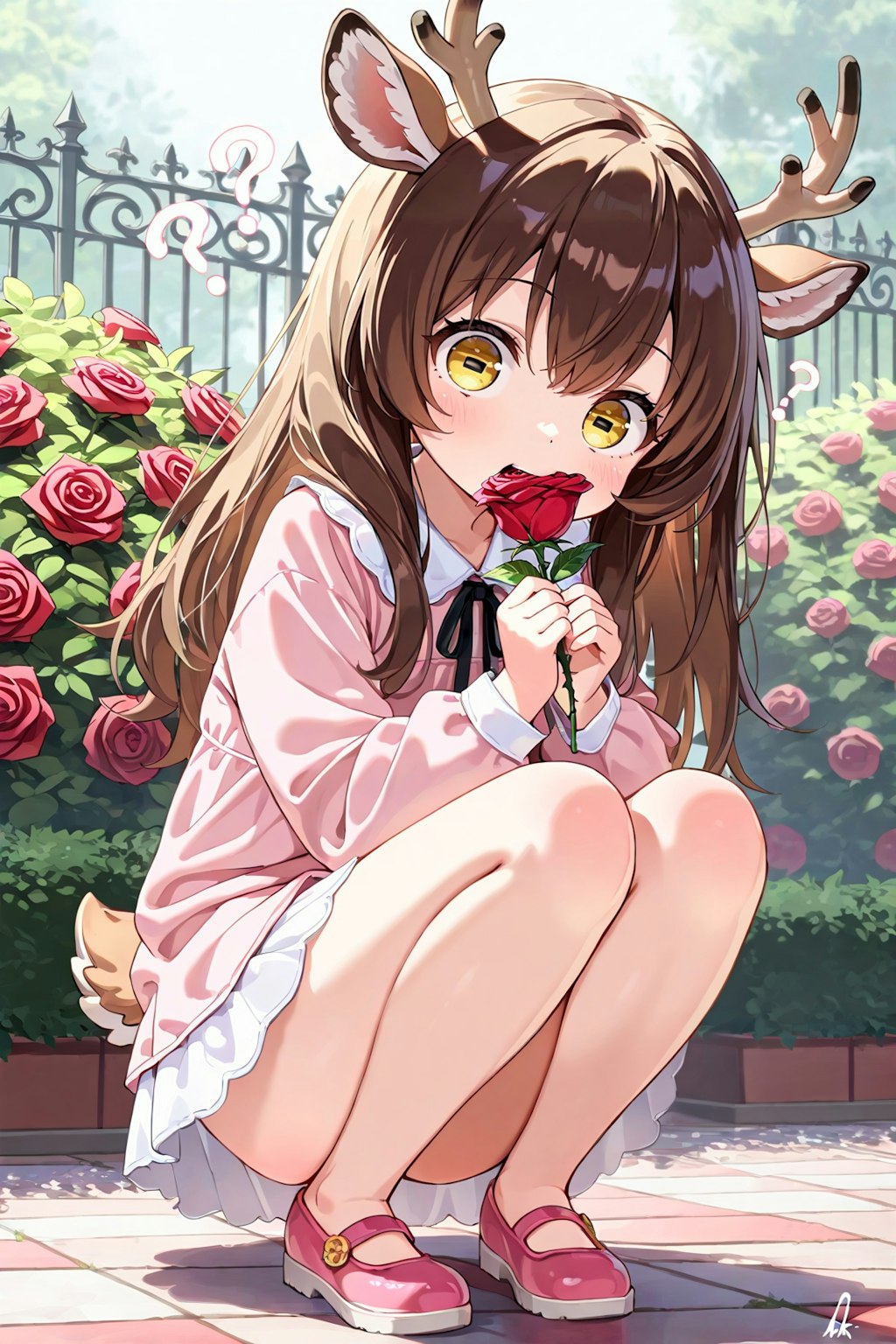 薔薇園に佇む…シカ少女！