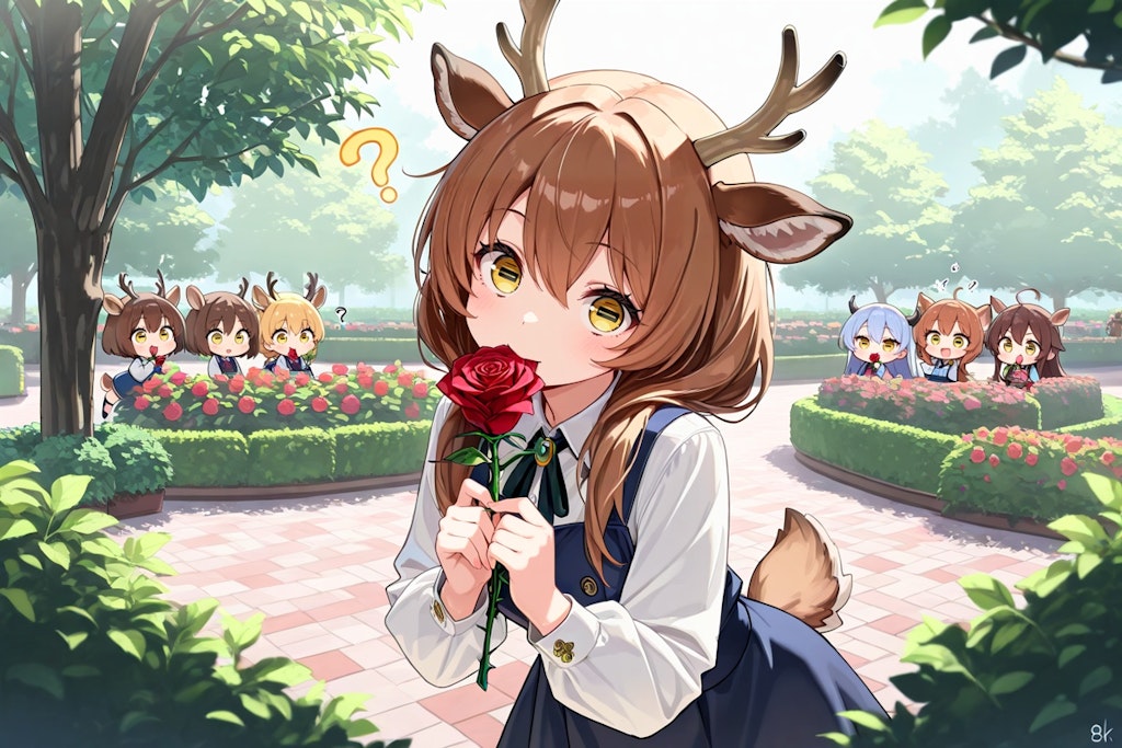 薔薇園に佇む…シカ少女！