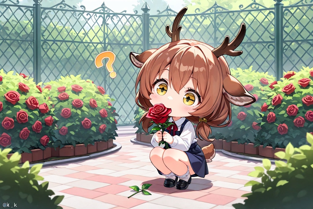 薔薇園に佇む…シカ少女！