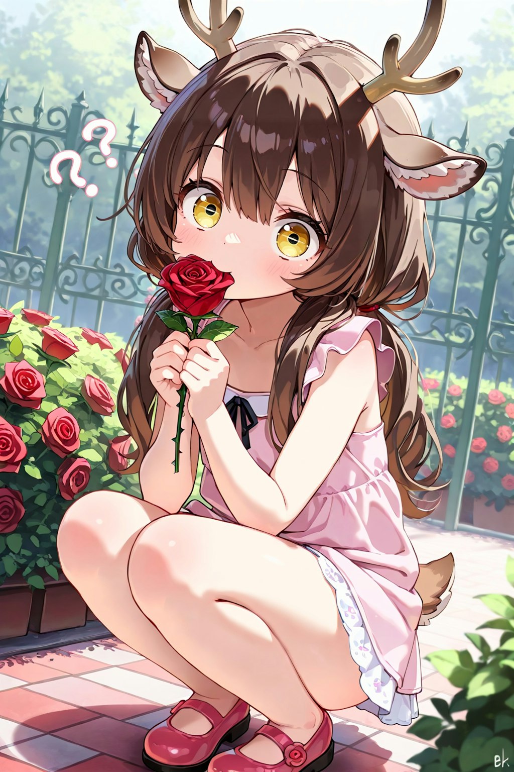 薔薇園に佇む…シカ少女！