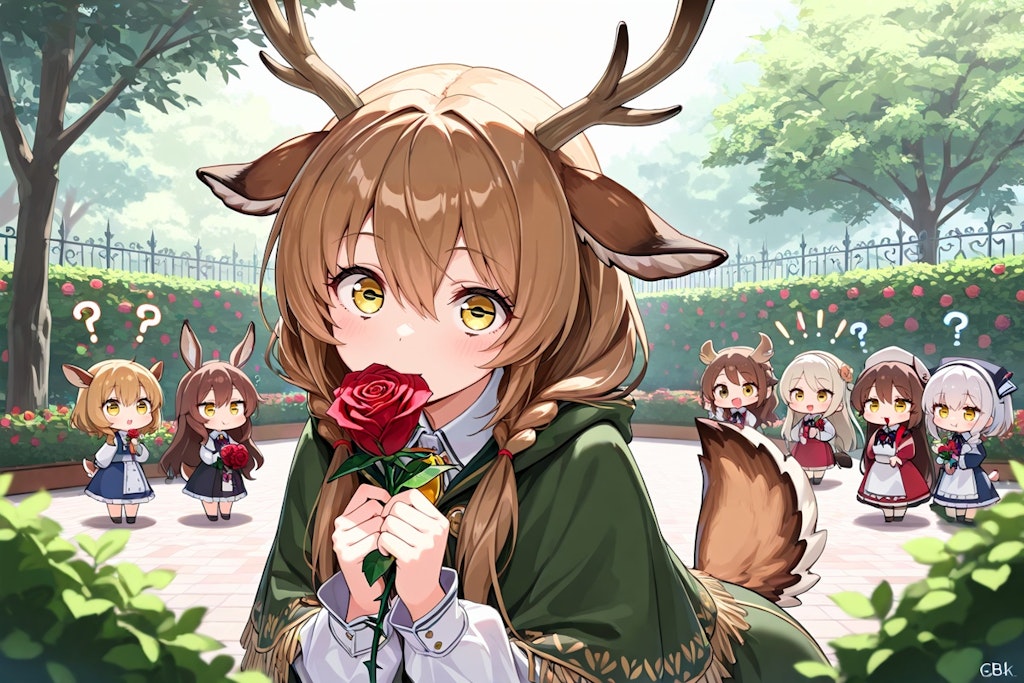 薔薇園に佇む…シカ少女！