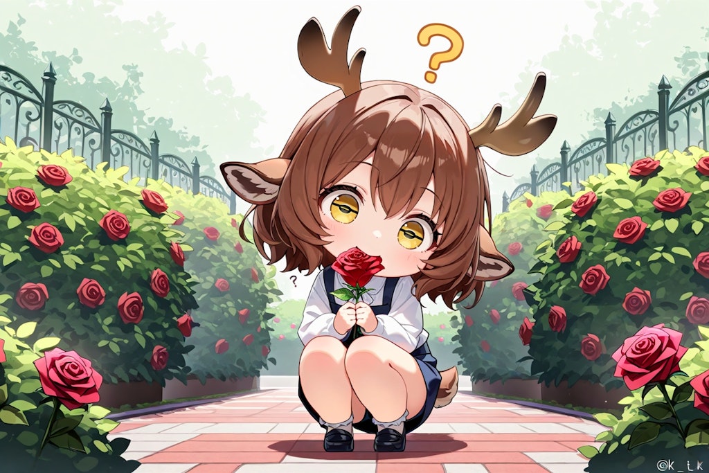 薔薇園に佇む…シカ少女！