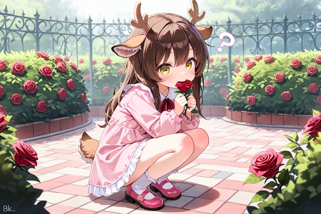 薔薇園に佇む…シカ少女！