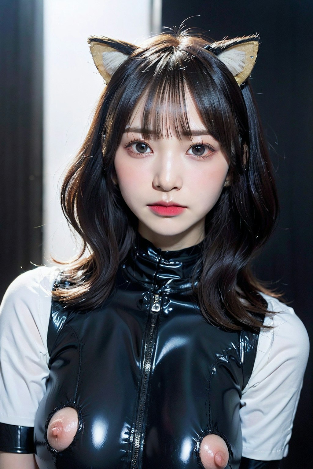 ラテックスボディースーツ(が多い)+猫耳でポロリ