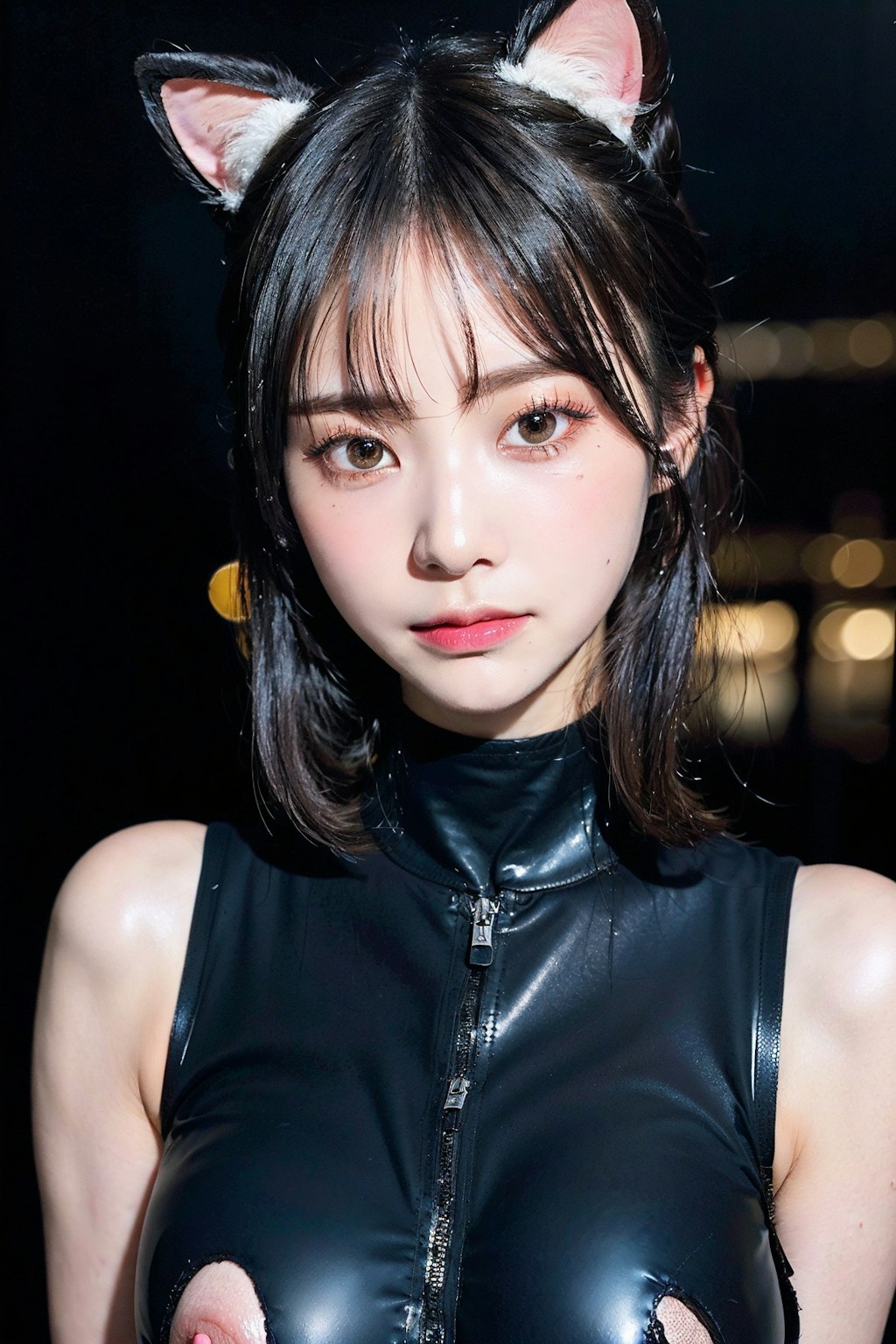 ラテックスボディースーツ(が多い)+猫耳でポロリ
