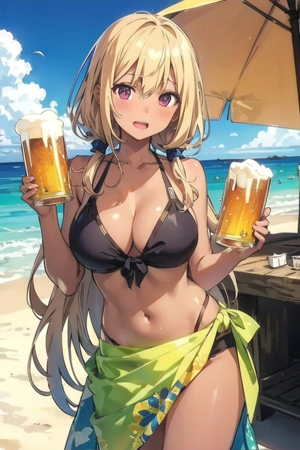 水着のお姉さんとビール