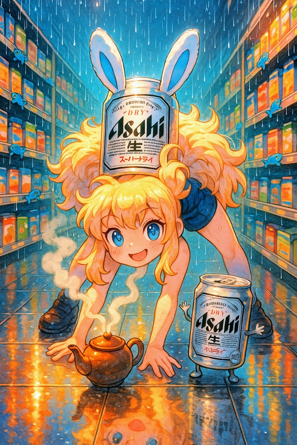 雨が降るスーパーでヘソで茶を沸かすウサ耳の小さな女の子