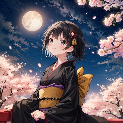 夜桜と月を見上げる僧侶